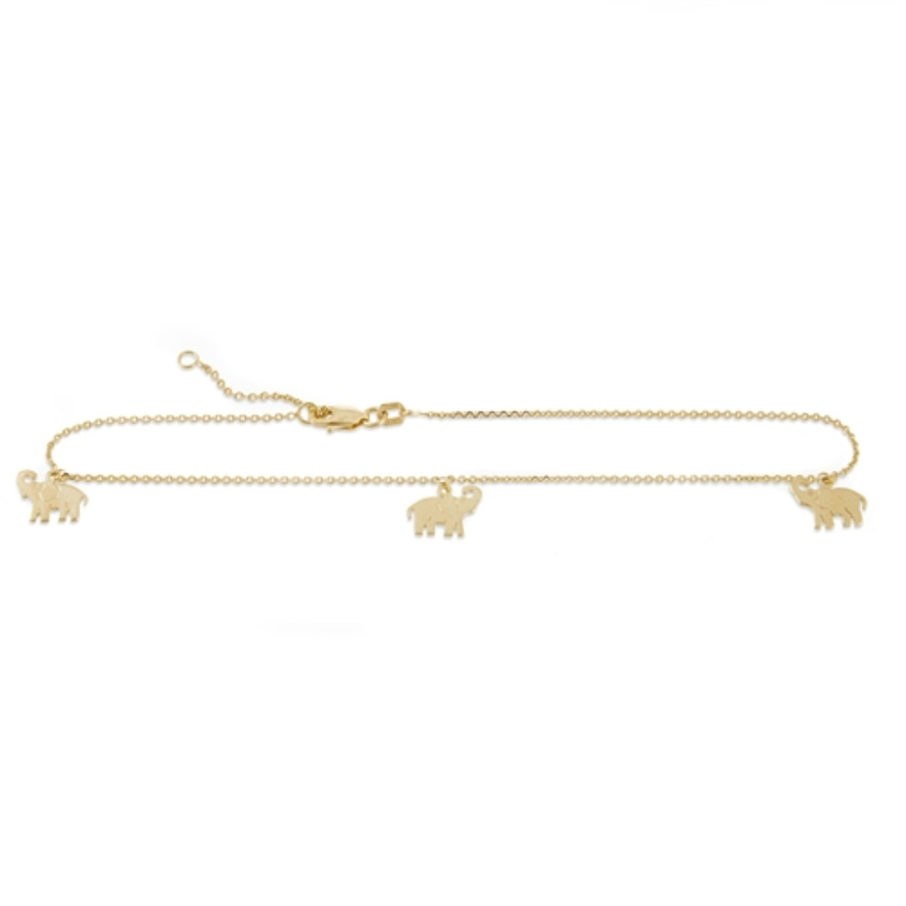 14K solid Yellow Gold Elephant Dangle Trio Anklet